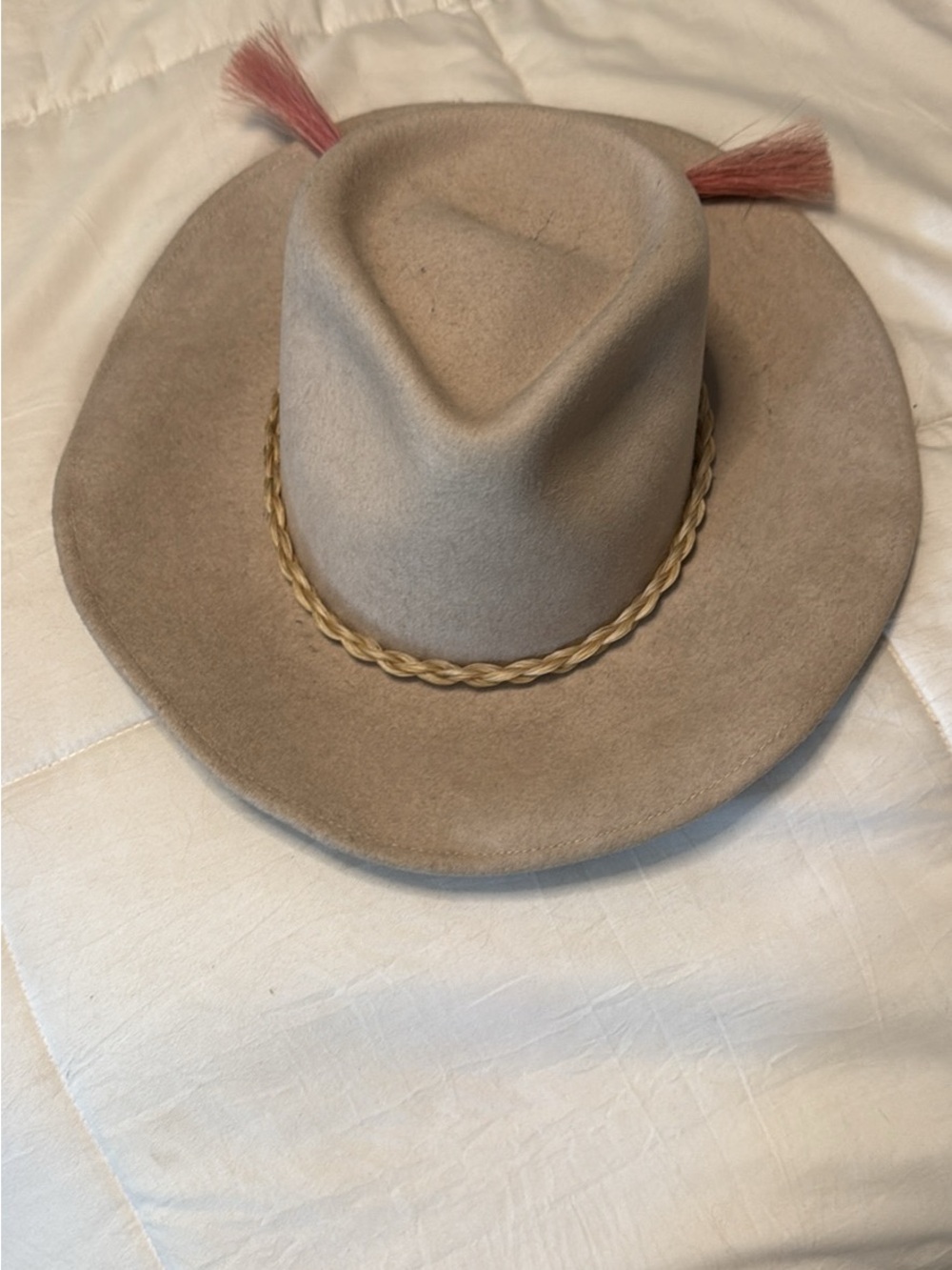 Tan Wool Felt Rancher Hat with Braided Band and Pink Tassel Accents